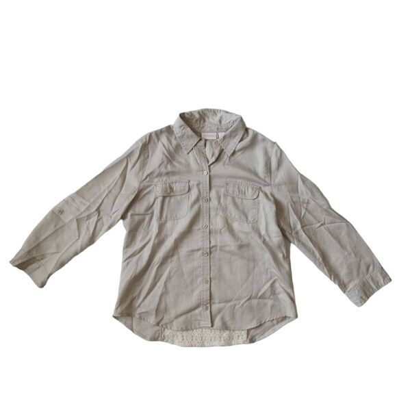 Chico's Tan Khaki Lace Applique Back Lightweight Button Down Top Women's Medium - Picture 1 of 13